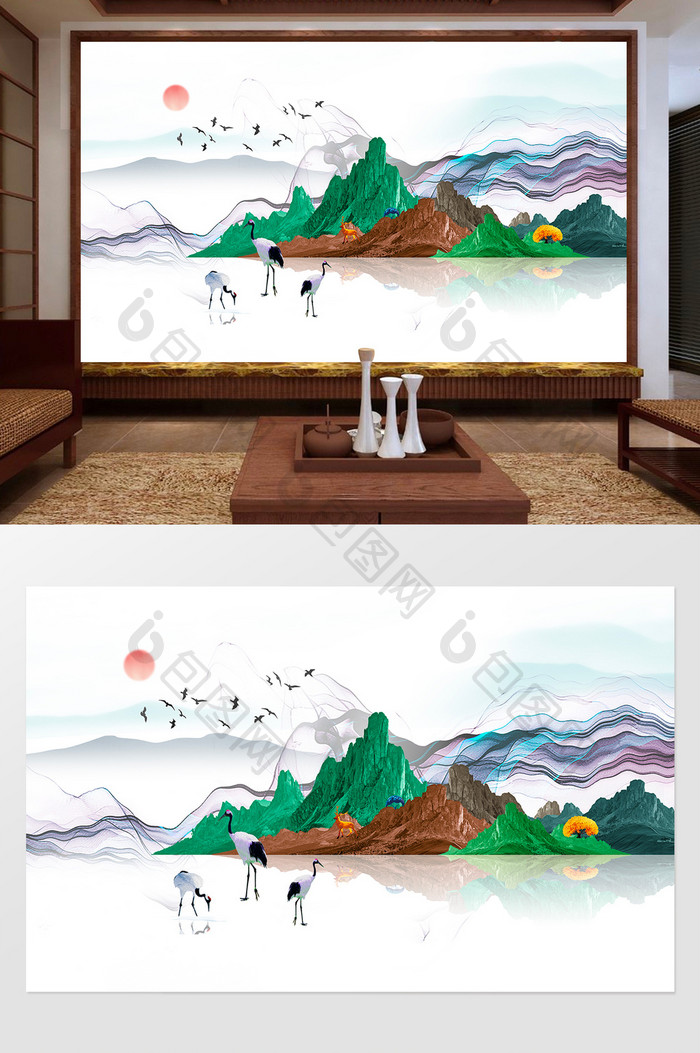 新中式现代彩色山水背景装饰画
