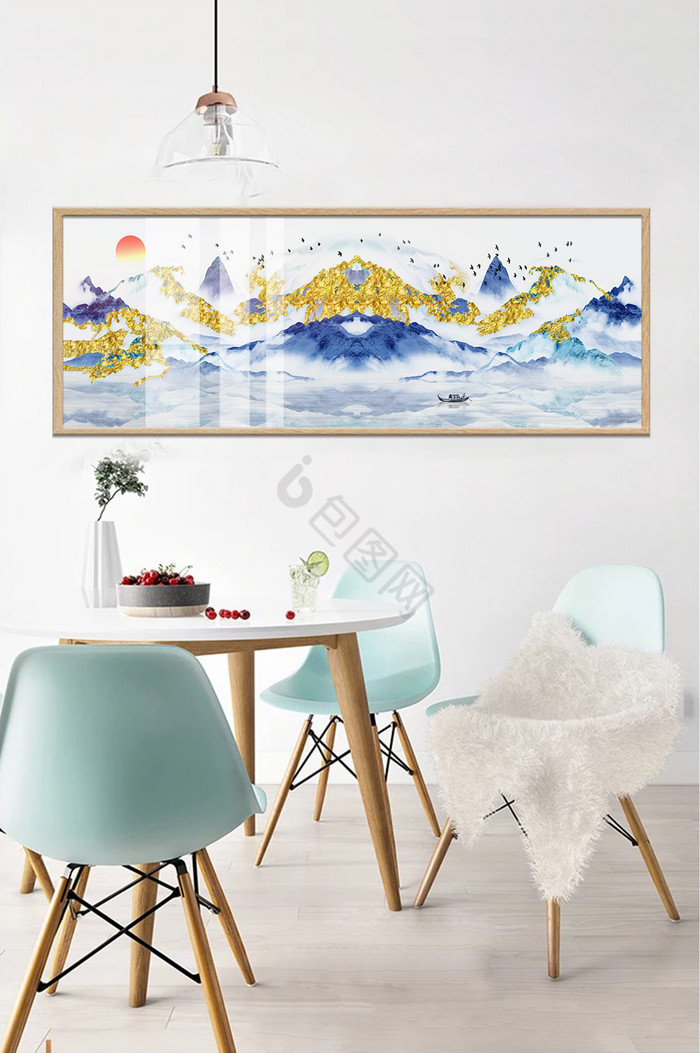 蓝色山水金箔画中式客厅装饰画图片