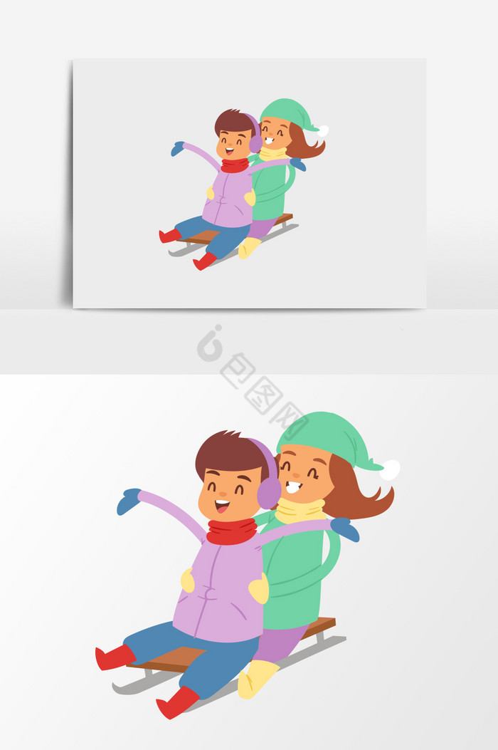 双人滑雪插画图片
