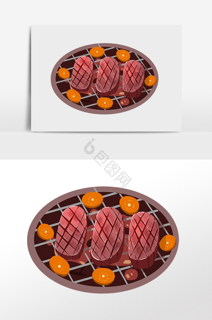 一盘烤肉插画图片