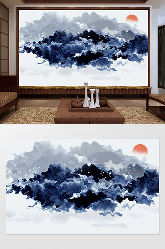 新中式意境蓝色波纹费娘夕阳电视背景墙图片