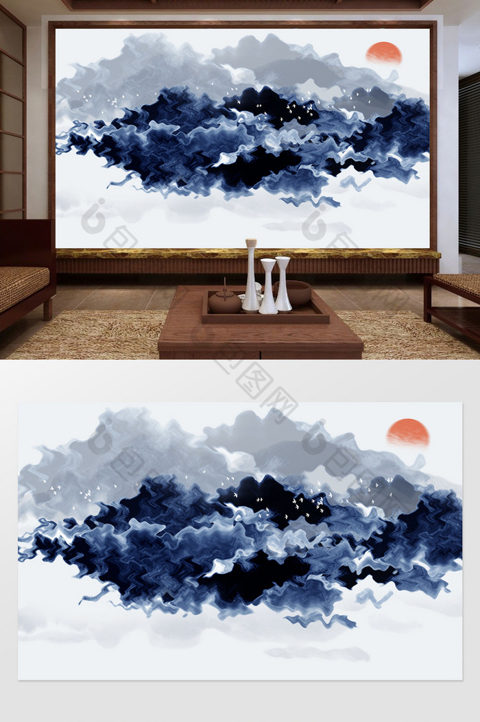新中式意境蓝色波纹费娘夕阳电视背景墙