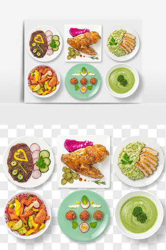 牛排烤鸡水果沙拉午餐搭配食品元素PNG文图片