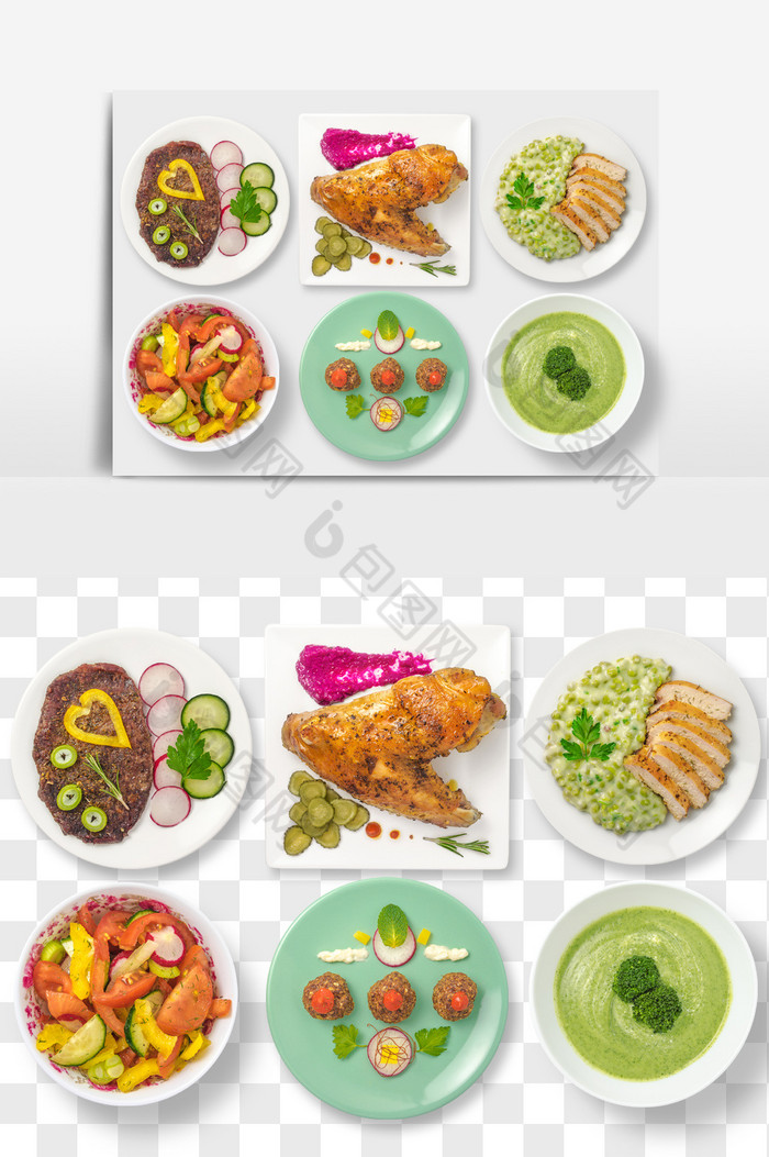 牛排烤鸡水果沙拉午餐搭配食品PNG文图片图片