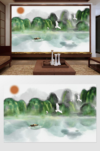 新中式绿色山峦小船夕阳定制背景墙图片
