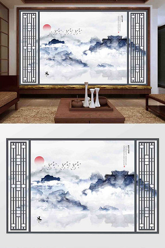 新中式烟雾山水抽象水墨艺术大理石背景墙图片