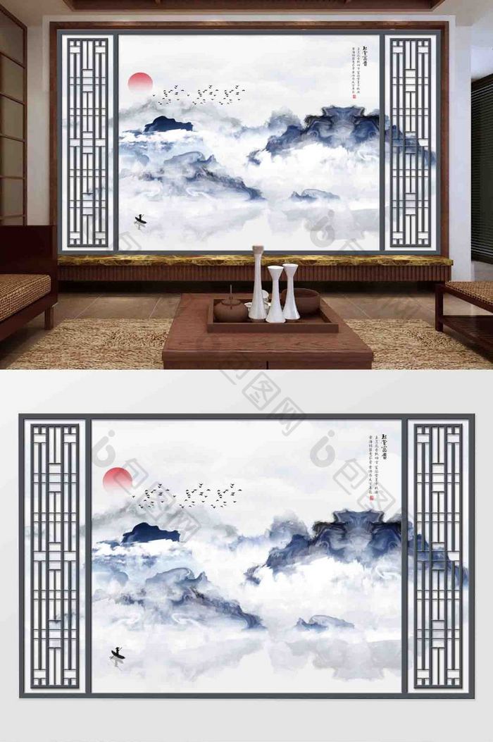 新中式烟雾山水抽象水墨艺术大理石背景墙