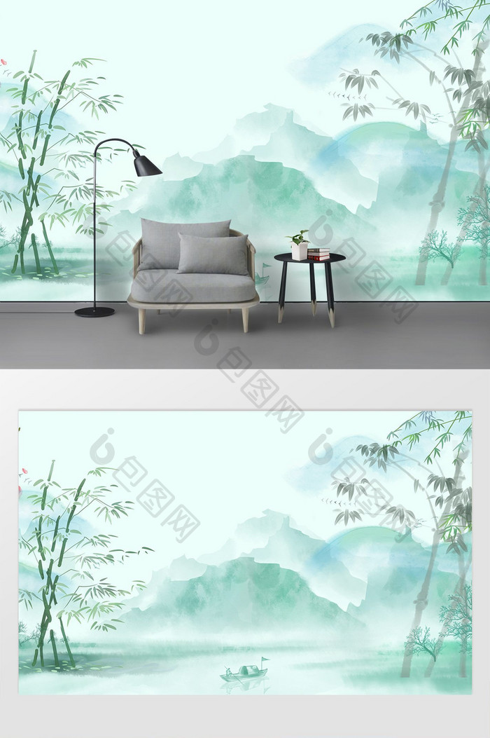 中式抽象意境绿色水墨山水飞鸟电视背景墙