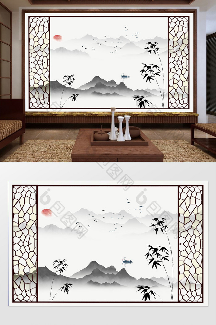中式抽象意境水墨山水竹子电视背景墙