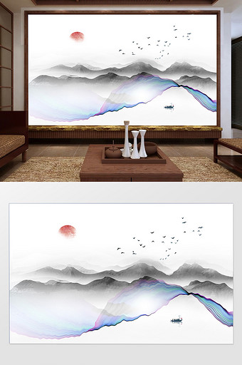 中式抽象线条山水飞鸟电视背景墙图片