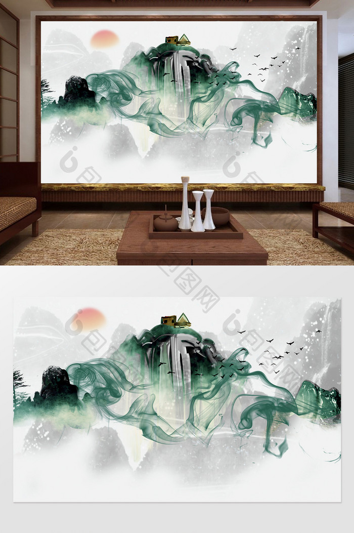 新中式绿色山峦烟雾飞鸟定制背景墙