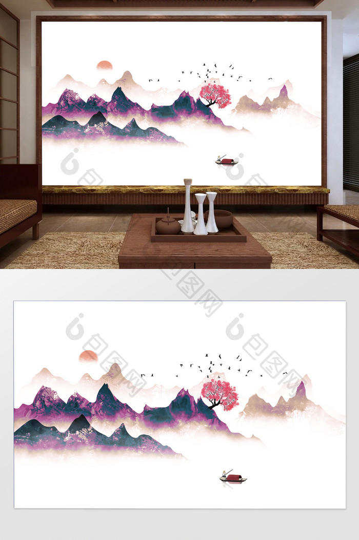 中式抽象意境山水画电视背景墙