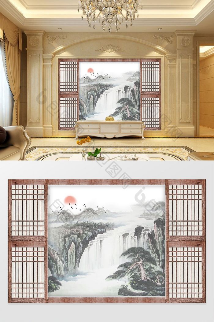 中式木框抽象意境山水电视背景墙