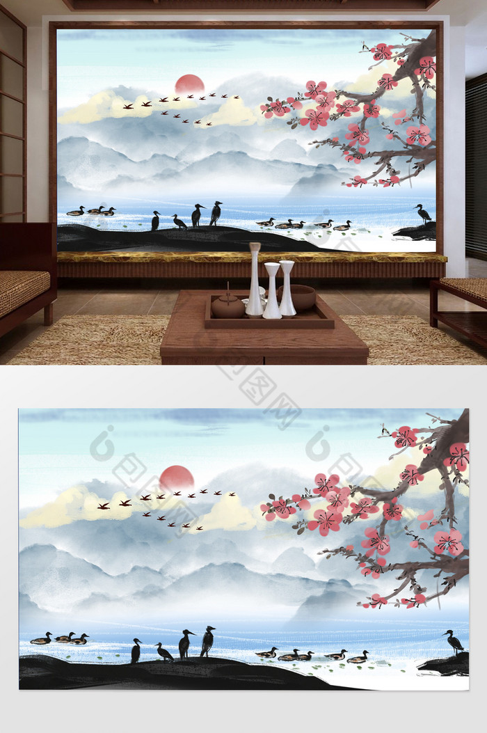 新中式清新意境山水鸭子戏水风景背景墙图片图片