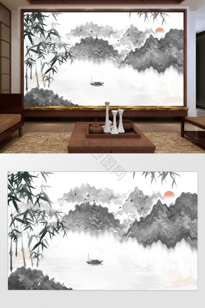 中式水墨山水竹子画电视背景墙图片