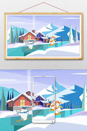 卡通雪人北极熊滑雪大雪冬日雪景插画图片