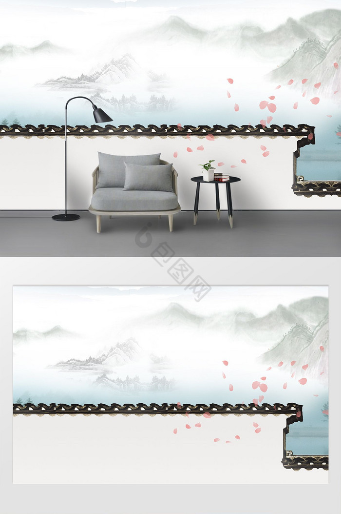 中式瓦墙山水花枝背景墙图片