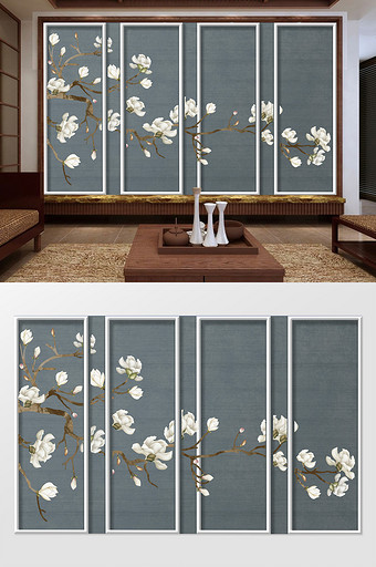 中式简易边框花枝背景墙图片