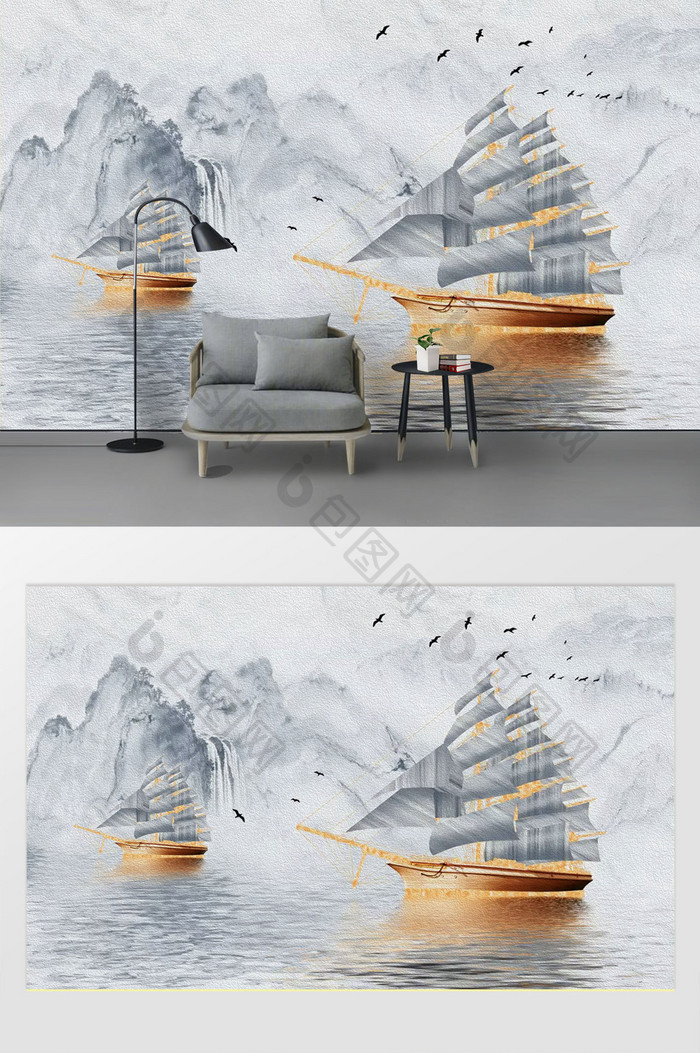现代时尚简约山水风景帆船鸟油画背景墙