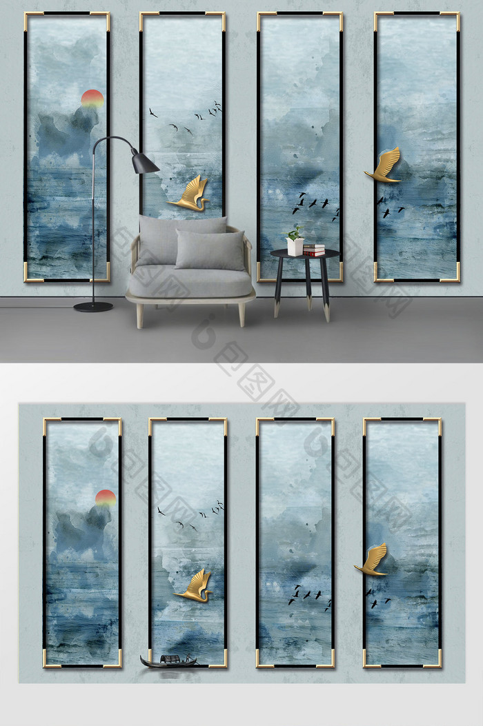 现代时尚水彩山水画框飞鸟背景墙
