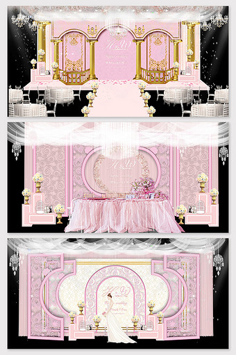 现代简约粉色欧式教堂婚礼舞台布置效果图图片