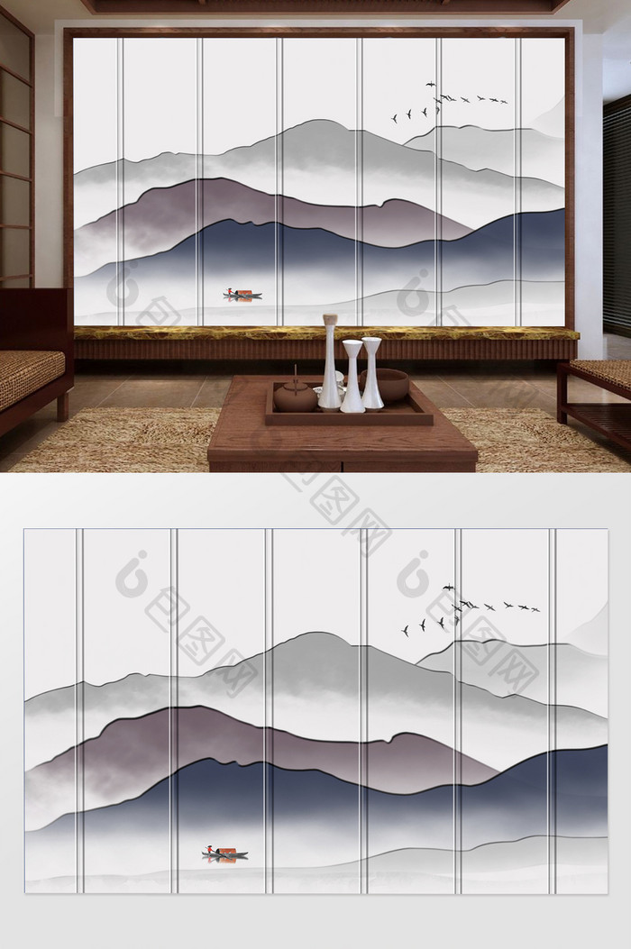 中式意境山水风景画抽象电视背景墙