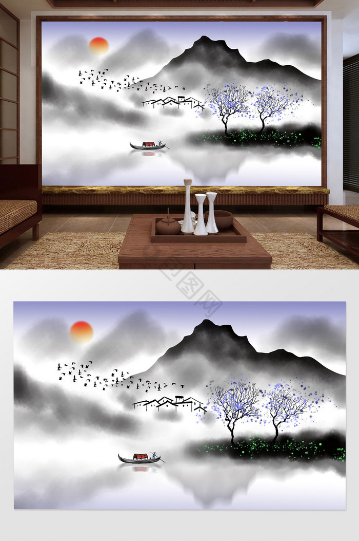 新中式写意抽象山水画水墨背景墙图片