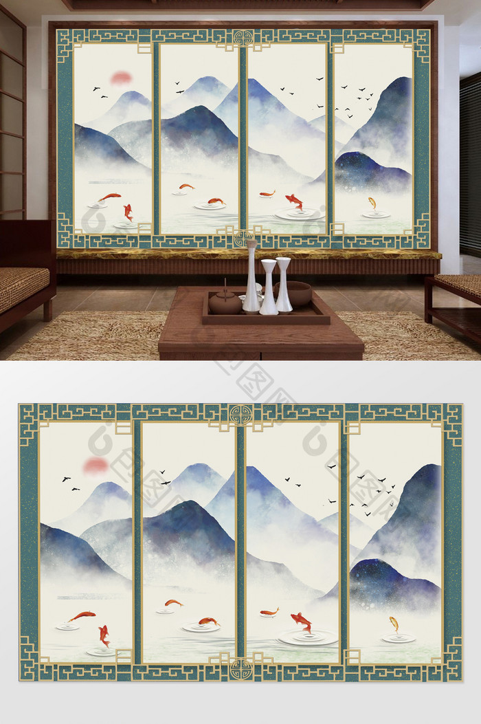淡雅意境蓝色山水鲤鱼风景画抽象电视背景墙