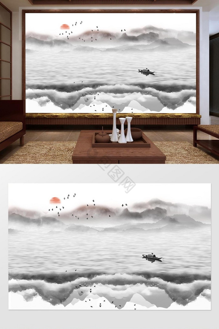 创意小舟湖水飞鸟抽象山水背景墙图片