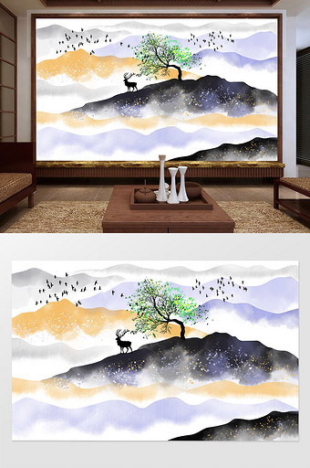 新中式云海麋鹿水墨山水画背景墙图片