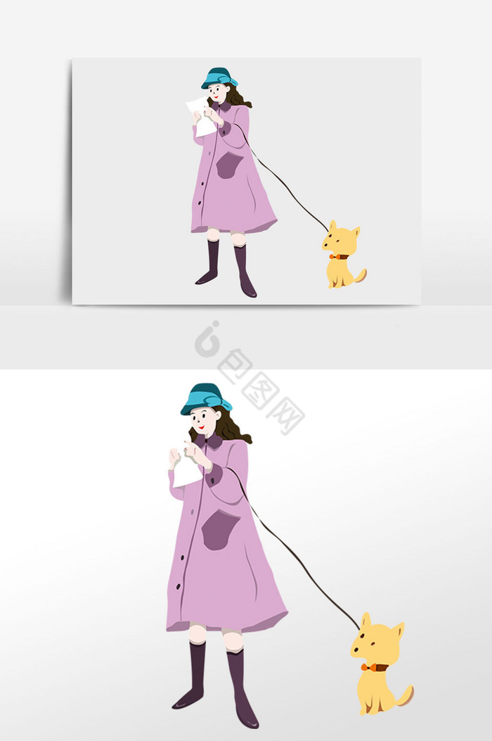 美少女遛狗插画