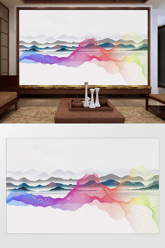 新中式彩色线条水墨山水电视背景墙图片