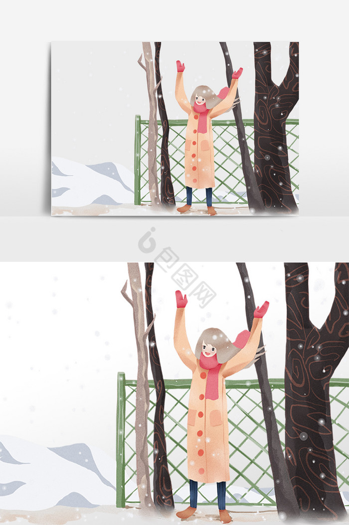 冬季女孩举双手插画图片