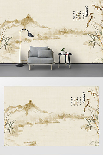 中式硬装手绘红色树枝花鸟诗词电视背景墙图片
