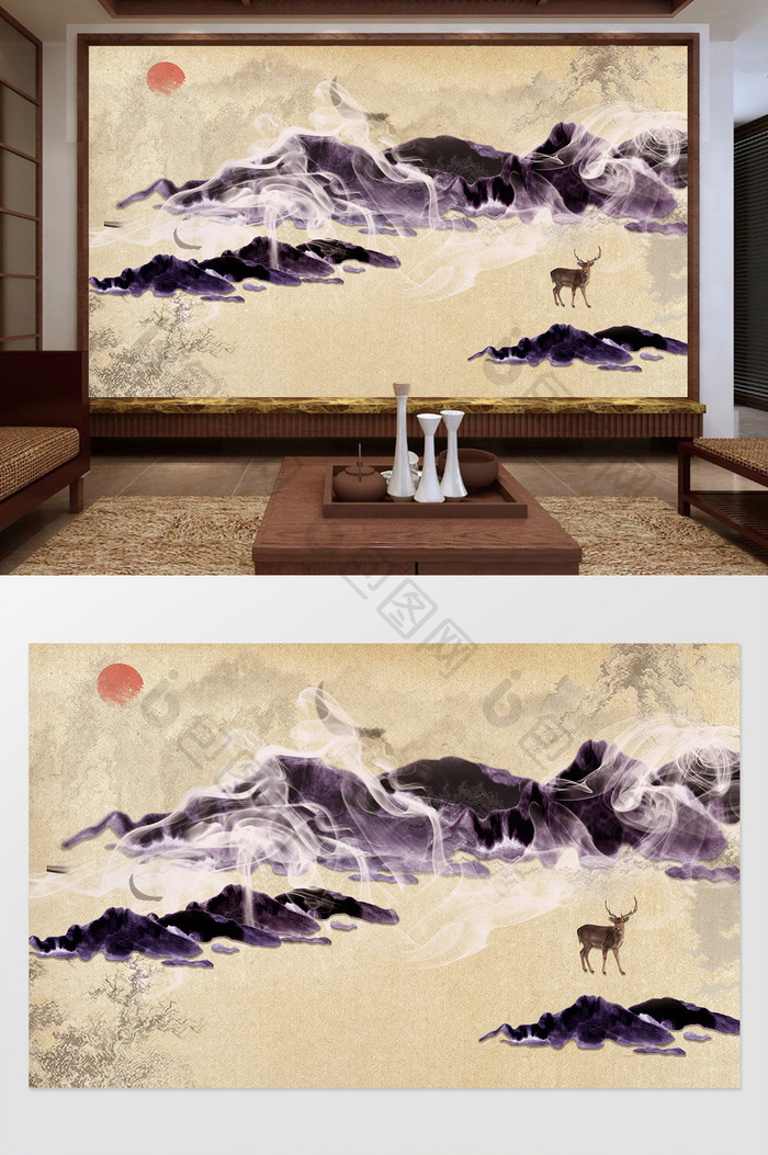 新中式唯美紫色山峦云雾缭绕麋鹿定制背景墙