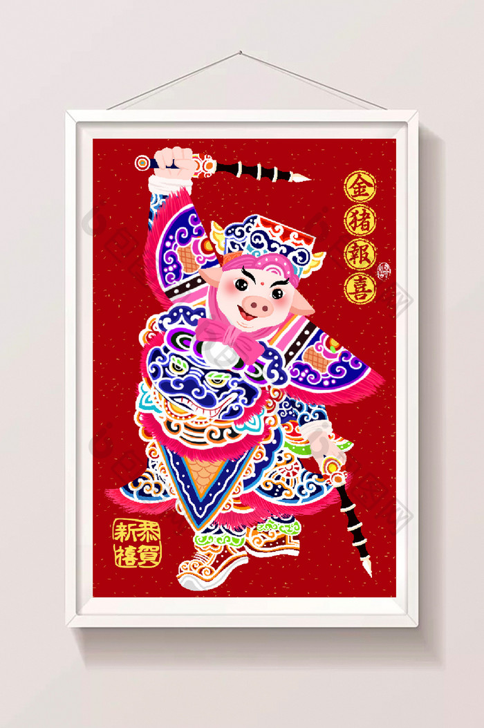 中国风春节喜庆猪年门神创意插画