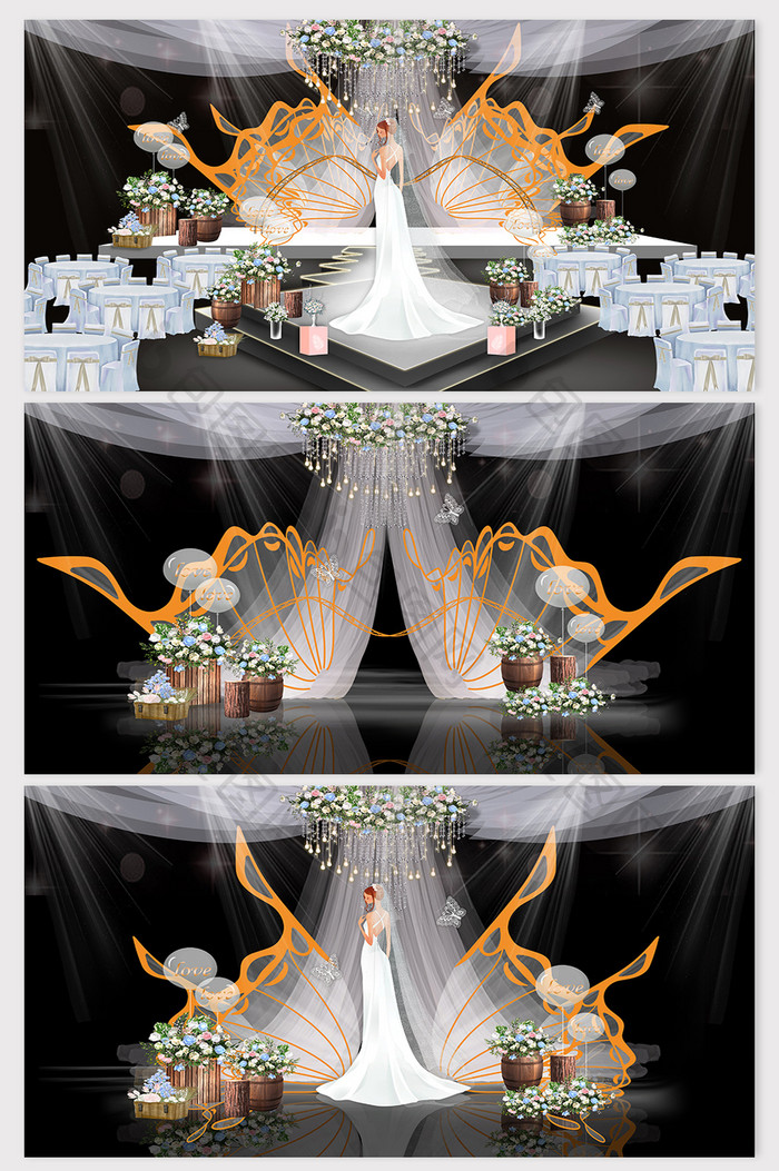 浪漫纯美橙黄色蝶变主题婚礼效果图