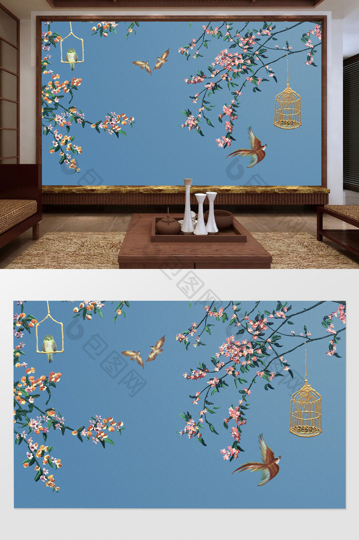 中国风油画鸟语花香电视背景墙