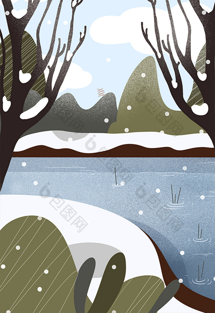 手绘雪中河流插画背景