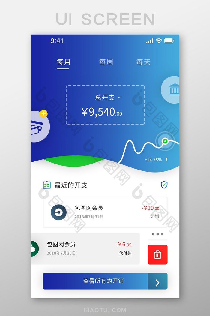 蓝色渐变简约金融理财通用app费用支出页