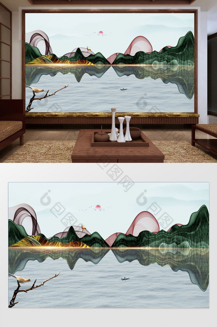 新中式水墨创意抽象山水电视背景墙定制图片图片