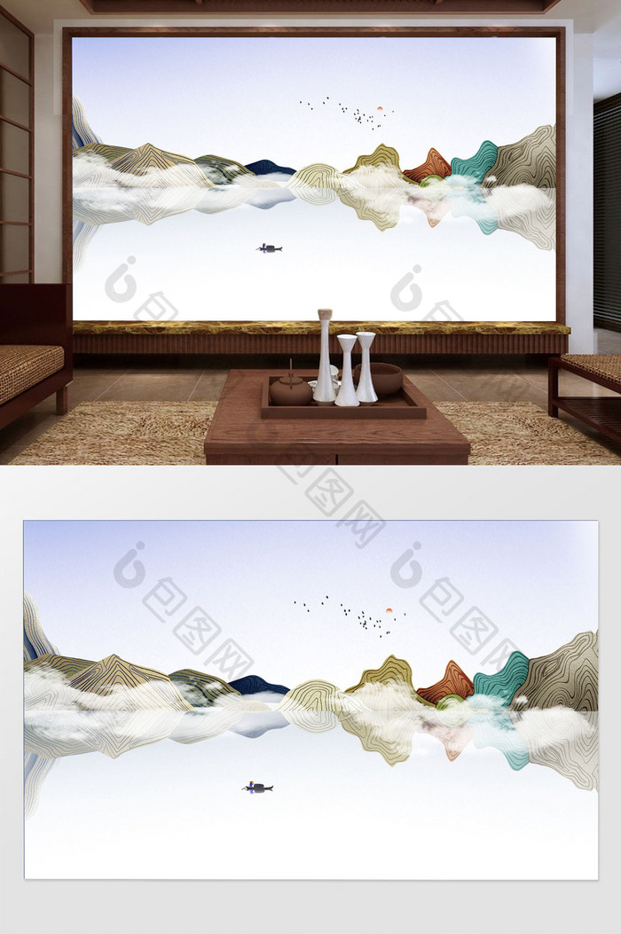 新中式意境水墨山水电视背景装饰