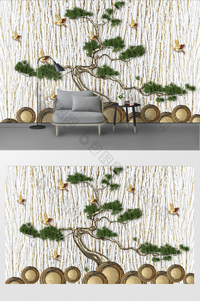 现代松树电视背景墙装饰