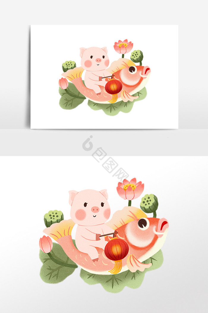 骑着锦鲤的猪猪插图图片