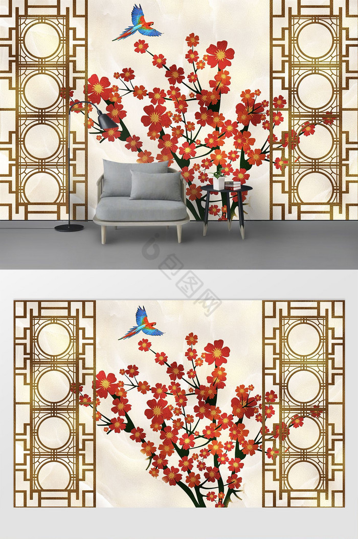 新中式金色屏风窗口手绘树枝梅花花鸟背景墙图片