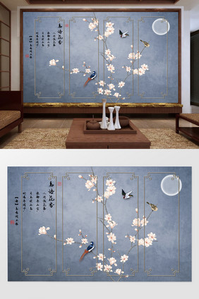 新中式造型硬装手绘树枝梅花花鸟鸟语花香