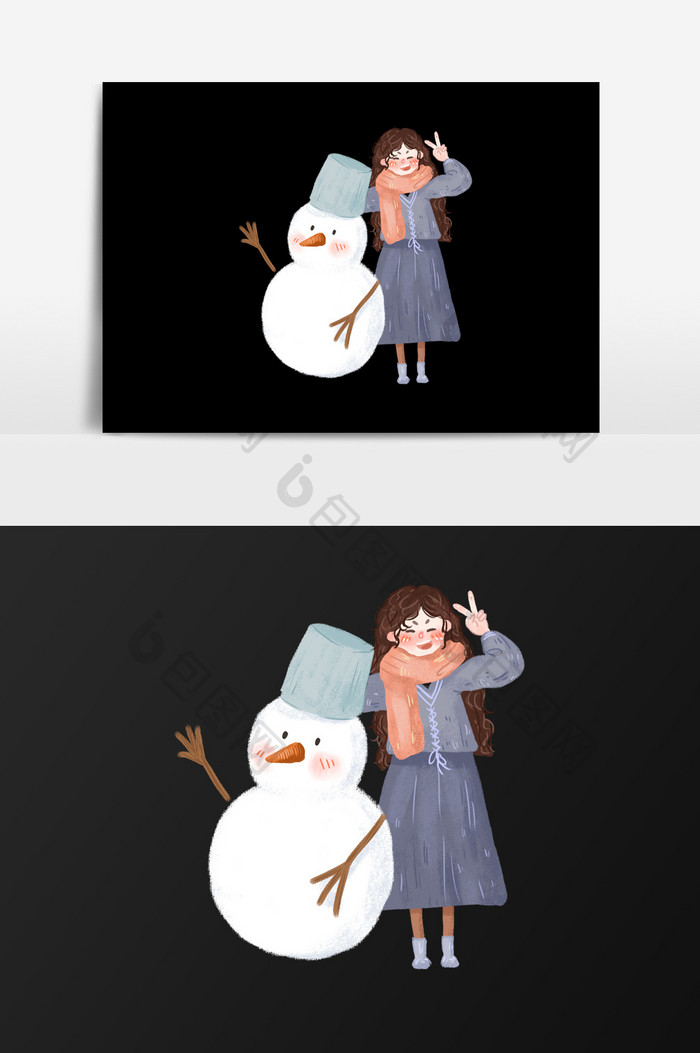 手绘与雪人合影插画元素