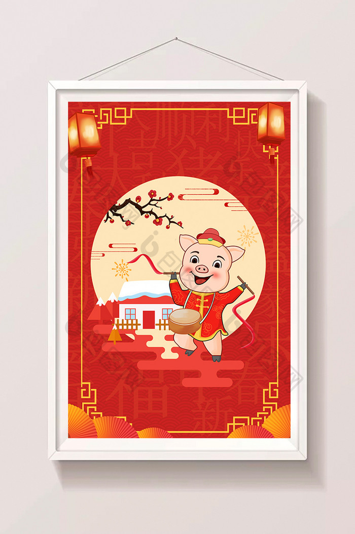 中国风新年喜庆小猪卡通手绘插画