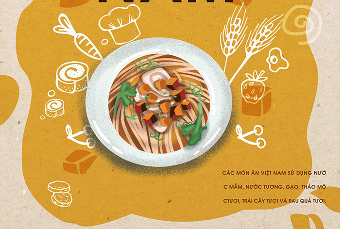 黄色流行插图有趣的位置越南食品海报