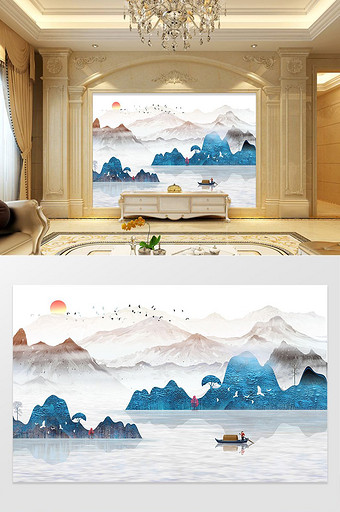 水墨意境山水风景新中式客厅背景墙图片